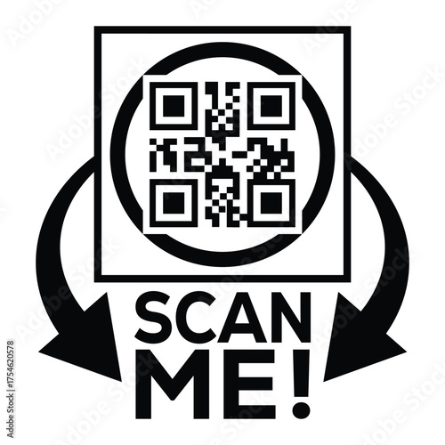 A bold, black and white vector graphic featuring a QR code centered in a square with targeting marks. Large arrows point to the text "SCAN ME!", creating a compelling call-to-action for immediate digi