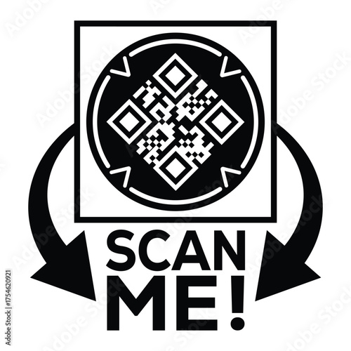 A bold, black and white vector graphic featuring a QR code centered in a square with targeting marks. Large arrows point to the text "SCAN ME!", creating a compelling call-to-action for immediate digi
