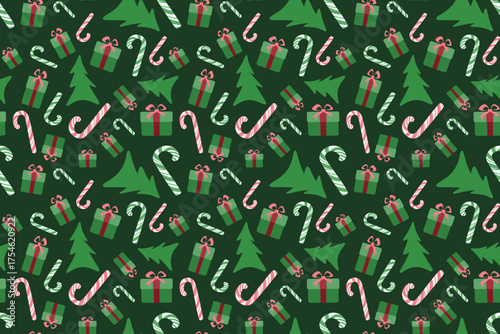 Dense, traditional seamless vector pattern featuring scattered Christmas trees, candy canes, and gift boxes in festive red, pink, and green on a dark forest green background.