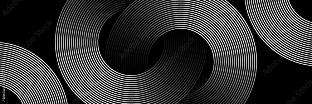 Obraz premium Abstract black background with circle lines pattern. Black metal lines texture. Modern shiny black and gray gradient lines creative design. Suit for wallpaper, backdrop, banner, poster.