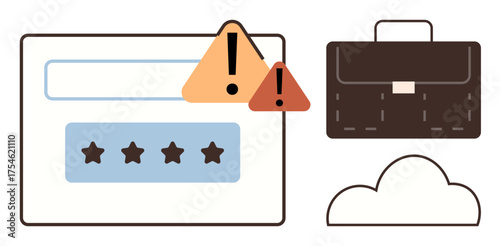 Password entry with warning alerts, briefcase, and a cloud. Ideal for data protection, cybersecurity, online safety, business security, risk management, cloud storage simple flat metaphor