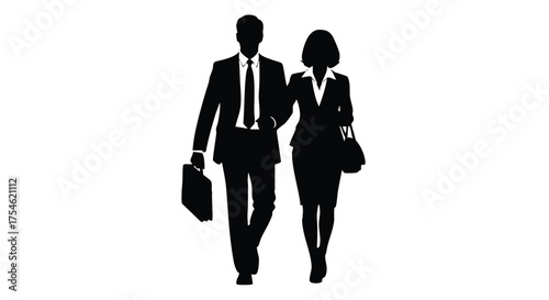 Silhouette of a man and woman in business attire walking together, representing teamwork and professionalism in the workplace