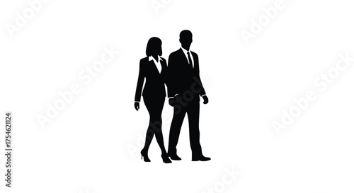 Silhouette of Professionals Man and Woman in Business Attire Walking Together Confidently