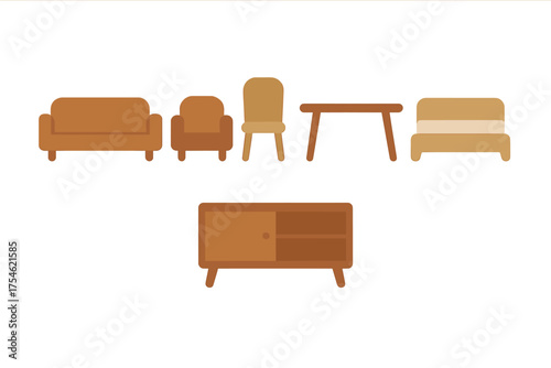 Modern minimalist furniture collection featuring sofa, armchair, bed, table, and cabinet