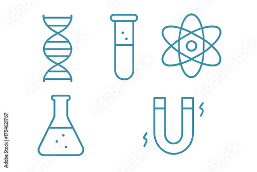 Essential scientific concepts and laboratory equipment represented by DNA structure, atom model, test tube, flask, and magnet