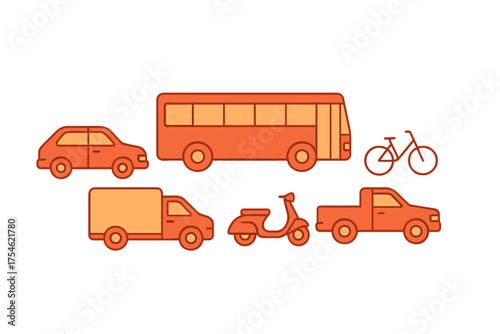 Group of essential city and road transport vehicles including passenger car, bus, pickup, and scooter