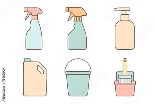 Minimalist household cleaning and hygiene products set with spray bottles and soap dispenser