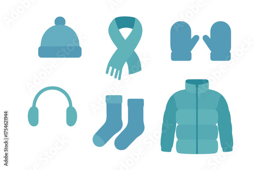 Essential winter clothing items and accessories collection on white background
