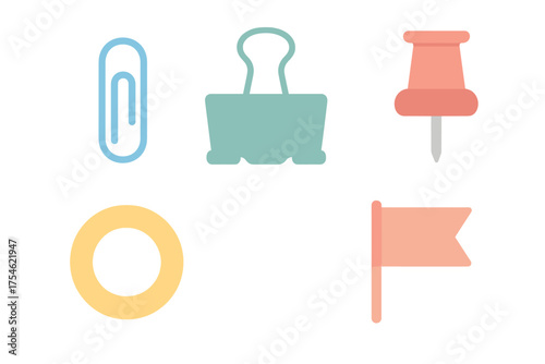 Set of essential office and school supplies: paper clip, binder clip, pushpin, and flag marker