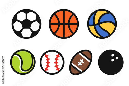 Set of six popular sports balls including soccer basketball tennis baseball volleyball and football