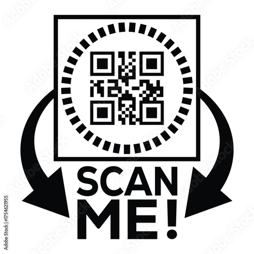 A bold, black and white vector graphic featuring a QR code centered in a square with targeting marks. Large arrows point to the text "SCAN ME!", creating a compelling call-to-action for immediate digi