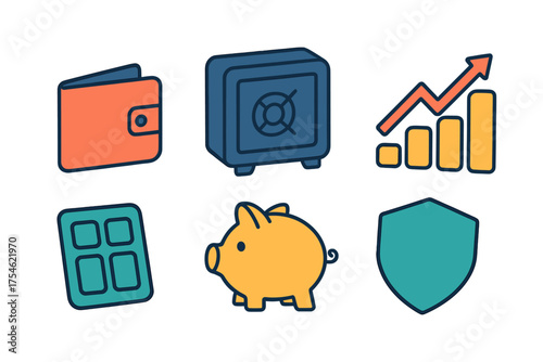 Financial security and investment icons featuring wallet safe piggy bank shield and growth chart