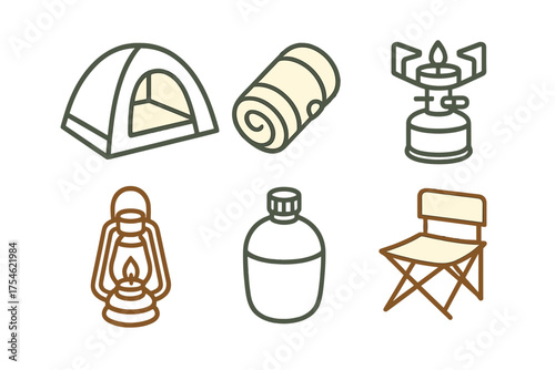 Set of six essential outdoor camping gear icons: tent, sleeping bag, portable stove, lantern, water bottle, and folding chair