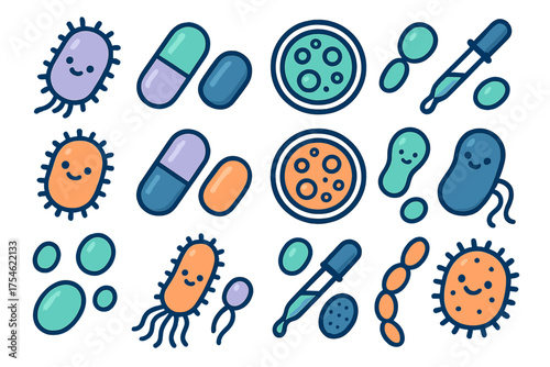 Smiling bacteria cells and laboratory tools set including capsules and petri dishes