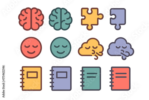 Colorful icon collection representing mental health, relaxation, problem solving, and learning