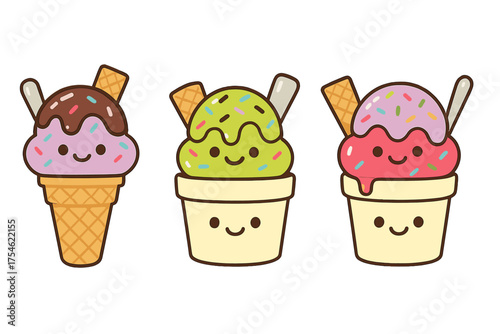 Three adorable smiling ice cream scoops in various flavors and containers with sweet toppings