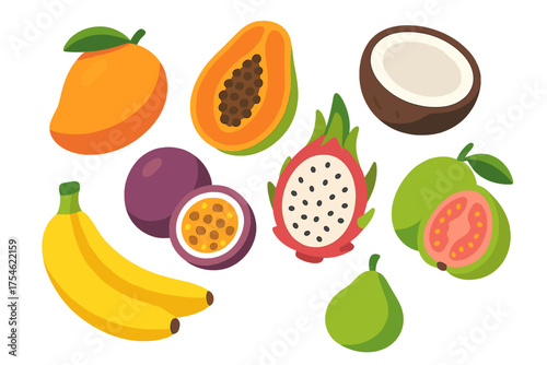 Vibrant collection of exotic tropical fruits including mango papaya coconut and dragon fruit