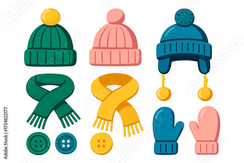 Set of cozy knitted winter clothing accessories including hats scarves mittens and buttons