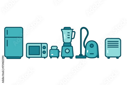 Essential household appliances set featuring refrigerator microwave blender and vacuum