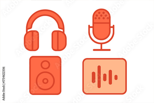 Flat design icons set for digital audio recording and broadcasting devices