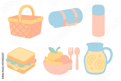 Summer picnic collection with essential items: basket, food, drink, blanket, and thermos