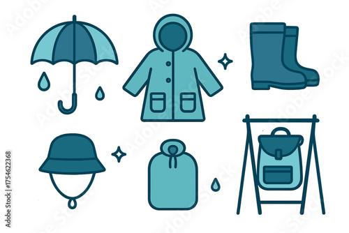 Flat design collection of essential waterproof clothing and accessories for rain