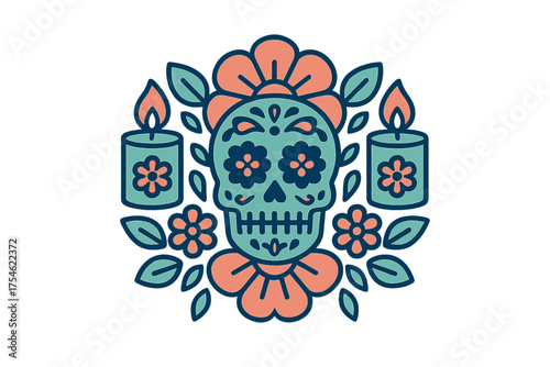 Ornate Calavera skull surrounded by colorful flowers and lit memorial candles