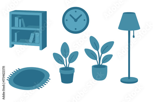 Home furniture and decor set featuring a bookshelf, clock, lamp, plants, and rug