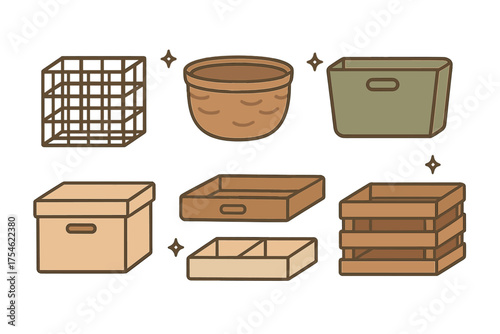 Storage containers set including wire basket woven bowl cardboard box and wooden crate