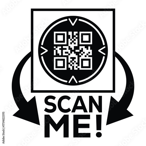 A bold, black and white vector graphic featuring a QR code centered in a square with targeting marks. Large arrows point to the text "SCAN ME!", creating a compelling call-to-action for immediate digi