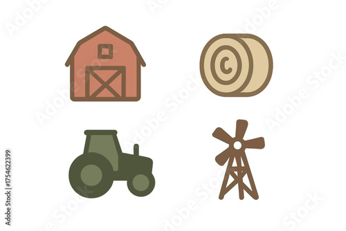 Classic red barn, green tractor, round hay bale, and traditional windmill agricultural symbols