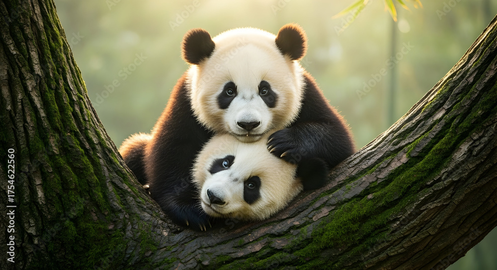Obraz premium Two Pandas Cuddling on Mossy Tree Branch in Soft Light