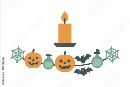 Spooky Halloween garland with glowing jack-o'-lanterns bats spiderwebs and potion bottles