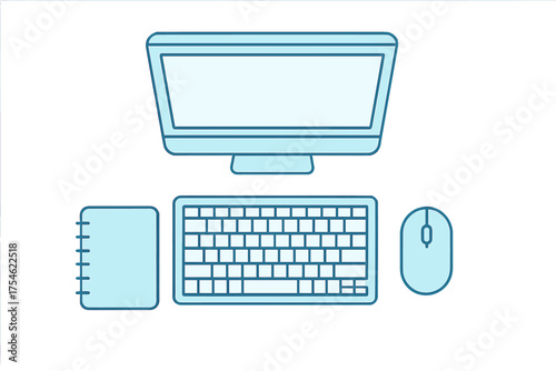 Essential desktop workspace items including monitor, keyboard, mouse, and spiral bound notebook