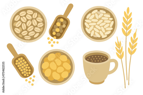 Assortment of cereal grains, legumes, and coffee in bowls and scoops with wheat stalks