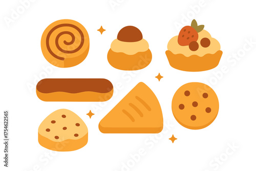 Assortment of sweet desserts and baked treats including cinnamon rolls and cookies