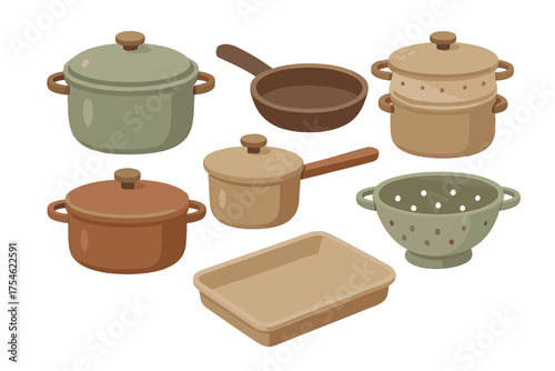 Assortment of kitchen cookware and baking utensils in muted earth tones