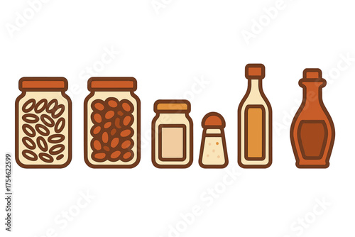 Kitchen pantry staples and cooking ingredients stored in glass jars and bottles