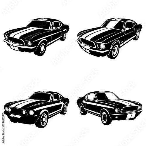 Four black and white classic mustang cars with racing stripes in various angles and perspectives are shown