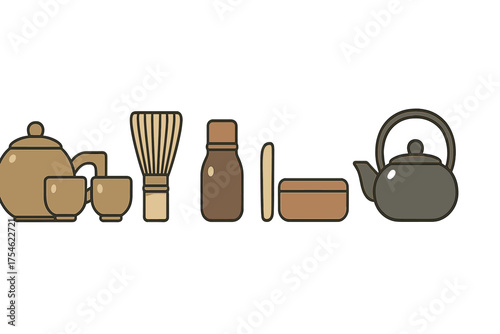 Traditional Japanese tea ceremony set with teapot, cups, whisk, and storage containers