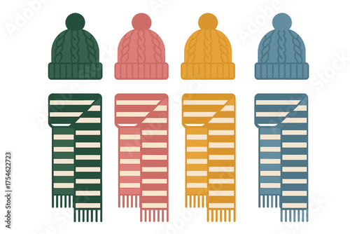 Colorful knitted winter hats and striped scarves set for cold weather fashion