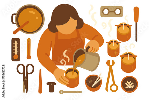 Woman pouring hot wax into mold for handmade candle creation