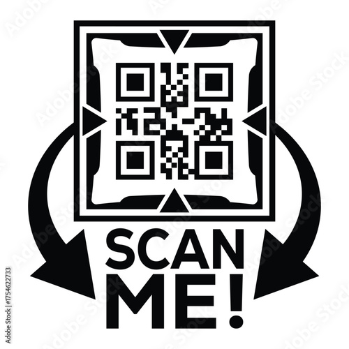 A bold, black and white vector graphic featuring a QR code centered in a square with targeting marks. Large arrows point to the text "SCAN ME!", creating a compelling call-to-action for immediate digi