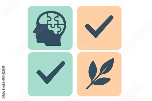 Conceptual icons set featuring head puzzle, checkmarks, and natural leaf branch symbols