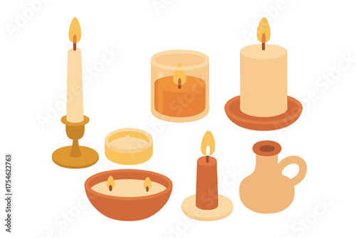 Assortment of lit wax candles in various decorative holders and containers