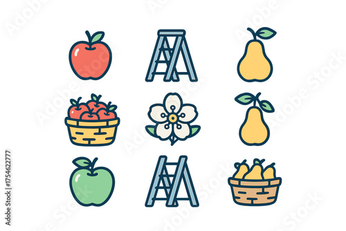 Colorful set of gardening and fruit harvest elements including apples, pears, and flowers