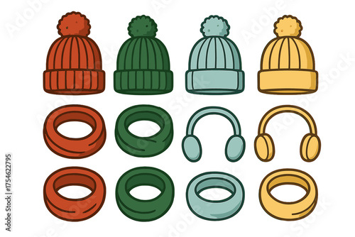 Cozy winter headwear and neckwear assortment including knitted beanies, scarves, and earmuffs