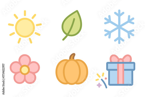Colorful icons set representing seasons and holidays: sun, leaf, snowflake, flower, pumpkin, gift box
