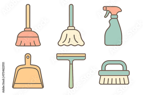 Household cleaning tools and equipment set featuring broom, mop, dustpan, and spray bottle