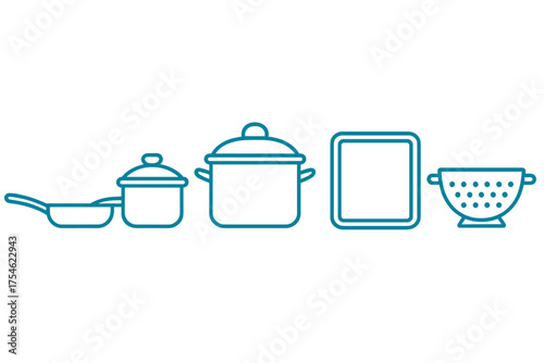 Set of essential kitchen cooking utensils equipment pots frying pan cutting board and colander
